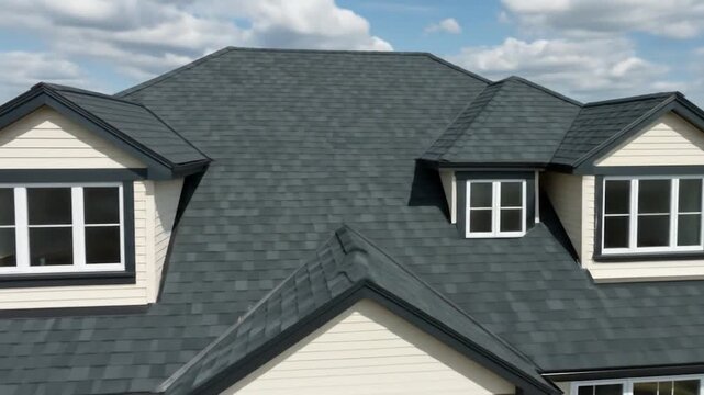 Gray asphalt shingle roof on residential house with dormer windows under bright cloudy sky architecture and home improvement