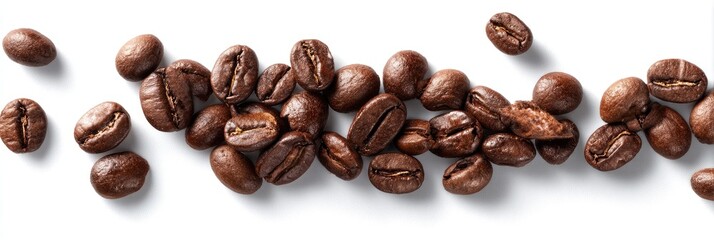 Roasted coffee beans scattered on white background
