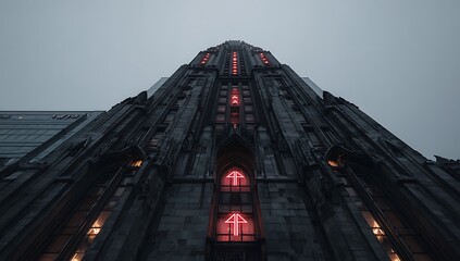 Gothic cathedral tower illuminated with red cross windows