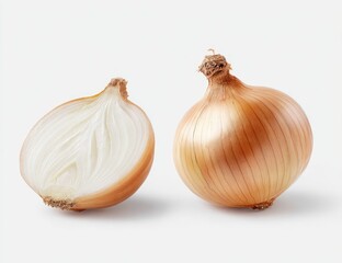 Fototapeta premium Two whole and half onions against a white background. A whole, light golden onion sits next to a halved onion, exposing its interior. The onion layers are clearly visible