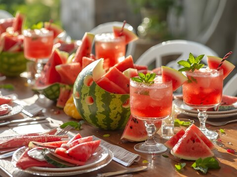 Beautiful Watermelon Centerpiece and Cocktails,
Refreshing Watermelon Drinks with Fruit Decoration,
Artistic Watermelon Carving with Drinks on Table,
Watermelon Party Setup with Fresh Juices.