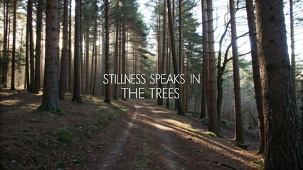 Tranquil forest path surrounded by tall pine trees with soft natural light