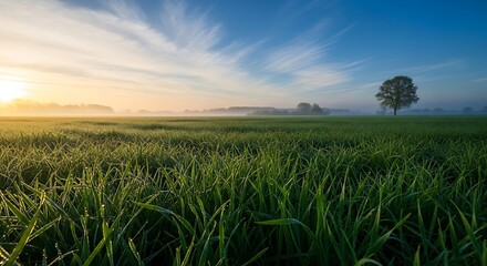 Misty Morning Sunrise over Green Field.