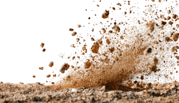 A close-up of a powerful dirt explosion