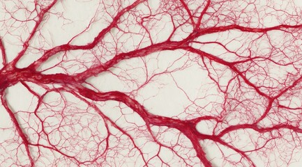 Intricate network of crimson vascular strands against a light background