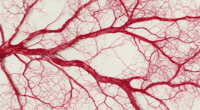 Intricate network of crimson vascular strands against a light background