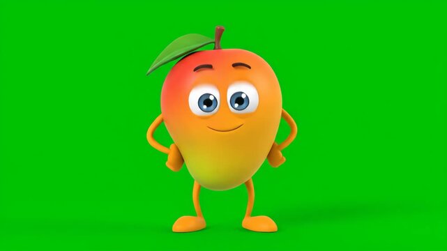 Energetic Cartoon Mango Dancing - A cheerful cartoon mango character with arms and legs dances energetically against a green screen background.