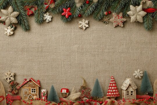 Christmas theme background with jute fabric and ribbons, flat lay top view on wooden tablecloth showing copy space center. Perfect for festive branding promotions and digital layouts.