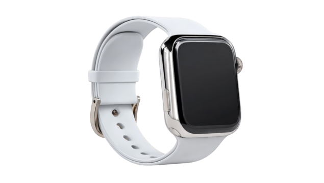 White watch band on a metallic watch