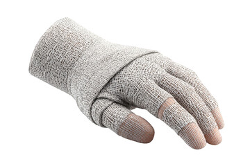 A light gray medical glove, showing fingers