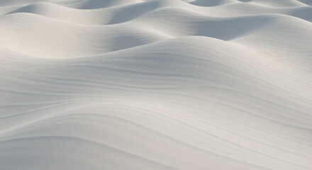 Abstract minimalist landscape of gentle white sand dunes, resembling soft waves or pristine snowdrifts under subtle light and shadow.