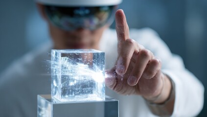 Person in VR headset interacting with a transparent cube