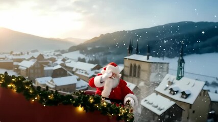 Santa Claus waves from his sleigh over a snow-covered village at sunrise - Powered by Adobe