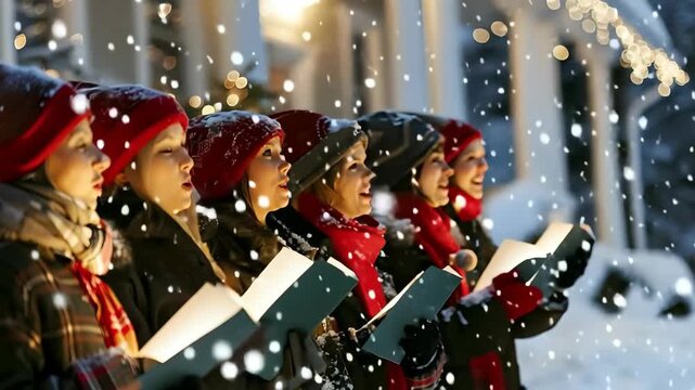 Festive Christmas Carollers Singing in Snowy Setting with Holiday Lighting