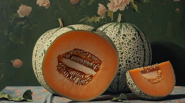 Still life of cantaloupe halves on a patterned cloth, with flowers in the background