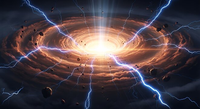 Explosive Cosmic Event with Bright Central Light and Lightning Bolts in Outer Space