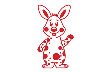 Cartoon Red Rabbit Standing and Waving Hand with Spotted Design on White Background