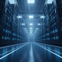 Obraz premium A futuristic server room with rows of server racks illuminated by blue lights, showcasing the power of technology and data