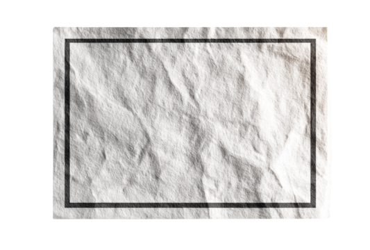 Blank rectangular frame on crumpled textured paper, isolated on transparent background