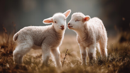 Baby animals in spring fluffy lambs playing in a meadow, ultra-cute, natural lighting
