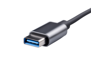Closeup of a usbc connector with a blue interior isolated on a transparent background