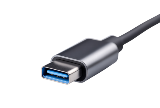 Closeup of a usbc connector with a blue interior isolated on a transparent background