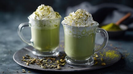 Two glasses of matcha lattes, topped with whipped cream