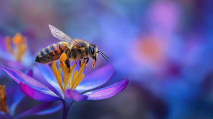 Bee pollinating a vibrant spring flower, macro shot, ultra-detailed photography