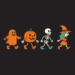 Vintage Cartoon Halloween Characters Walking - Ghost, Pumpkin, Skeleton, Witch