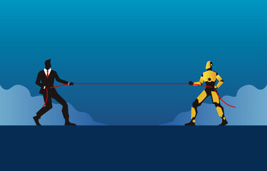 Businessman Competing with Robot in Tug of War Vector Illustration