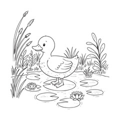 Cute Duckling Standing on Lily Pad - Coloring Page