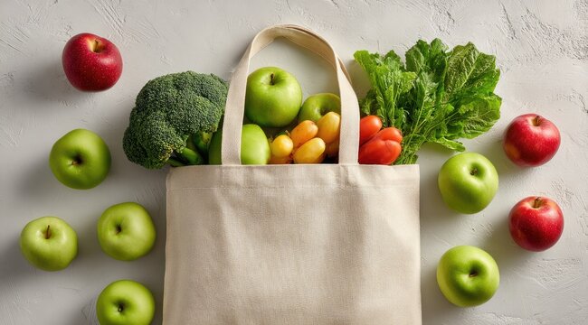 Reusable tote bag filled with fresh produce, including apples, broccoli, lettuce, and bell peppers, arranged on a light gray surface