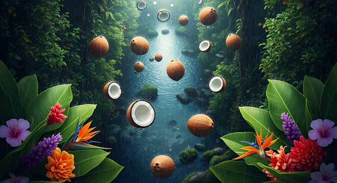 Surreal Tropical Forest with Floating Coconut Shells and Bright Flowers