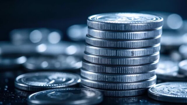 Stack of Silver Coins Close-Up: Finance and Investment Concept