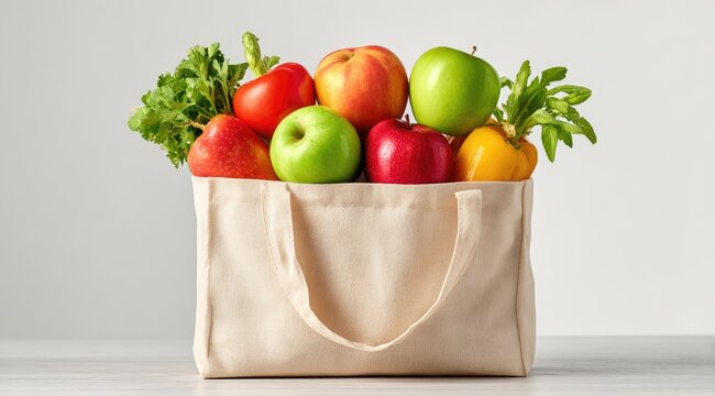 Beige canvas tote bag filled with assorted fresh fruits and vegetables