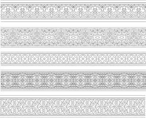 A collection of decorative vintage ornamental seamless horizontal borders in a black-and-white or grayscale vector illustration.