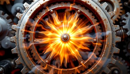 Fototapeta premium Intricate gears of a machine, with a bright, glowing core, showcasing the power of mechanics and the beauty of technology