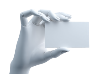 A white robotic hand holds a blank business card