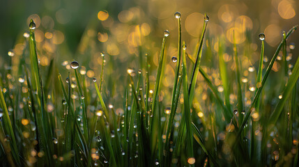 Close-up of dew on fresh green grass in spring morning light, macro photography, ultra-detailed