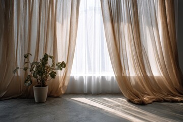 Light streaming through beige curtains, illuminating a room with a potted plant
