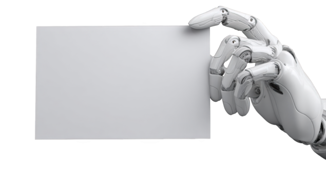 A robotic hand holds a blank piece of paper