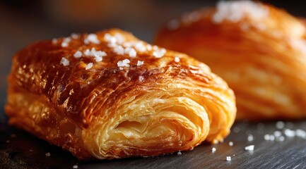 Close-up of two flaky pastries, golden brown, sprinkled with salt