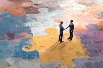 Contemporary art collage. Two young businessmen stands on colorful, different puzzle pieces and shaking hands. Concept of partnership, business acquisition, deals, cooperation, teamwork, contract