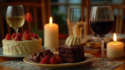 Romantic Dinner Setting with Wine and Chocolate Dessert by Candlelight