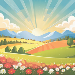 Obraz premium Late summer country landscape with colorful blooming meadow and sunbeam