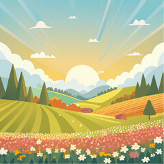 Obraz premium Late summer country landscape with colorful blooming meadow and sunbeam