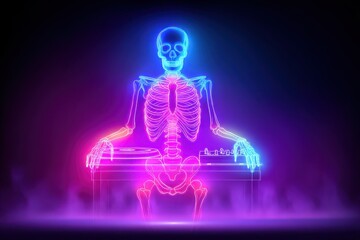 A spooky skeleton sitting on a bench under a neon light, adding a creepy vibe to the scene.