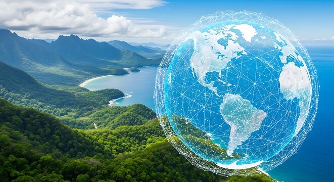 Global Network Earth Over Lush Tropical Landscape. - Powered by Adobe