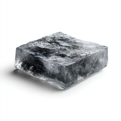 Close-up of a square, opaque ice cube, slightly angled, on a white background