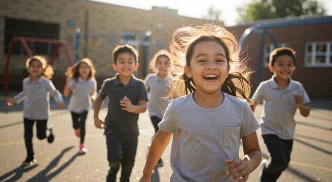 Joyful diverse children running towards camera in a schoolyard
